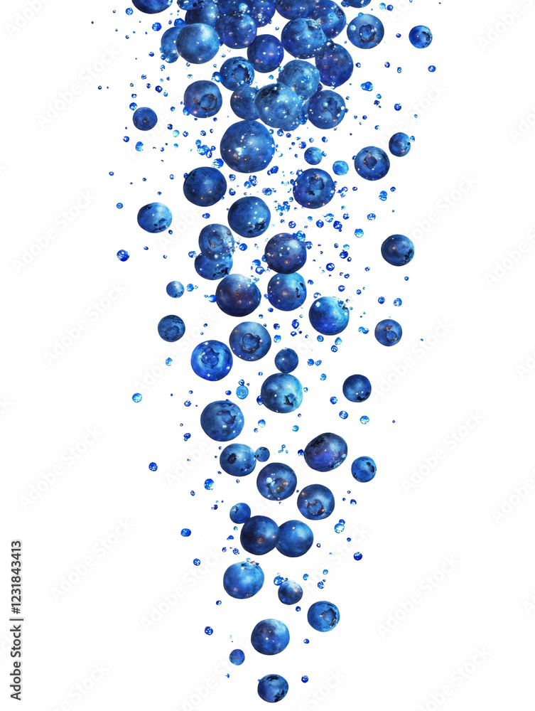 Poster a vertical image showing many blueberries falling against a black background with water droplets.