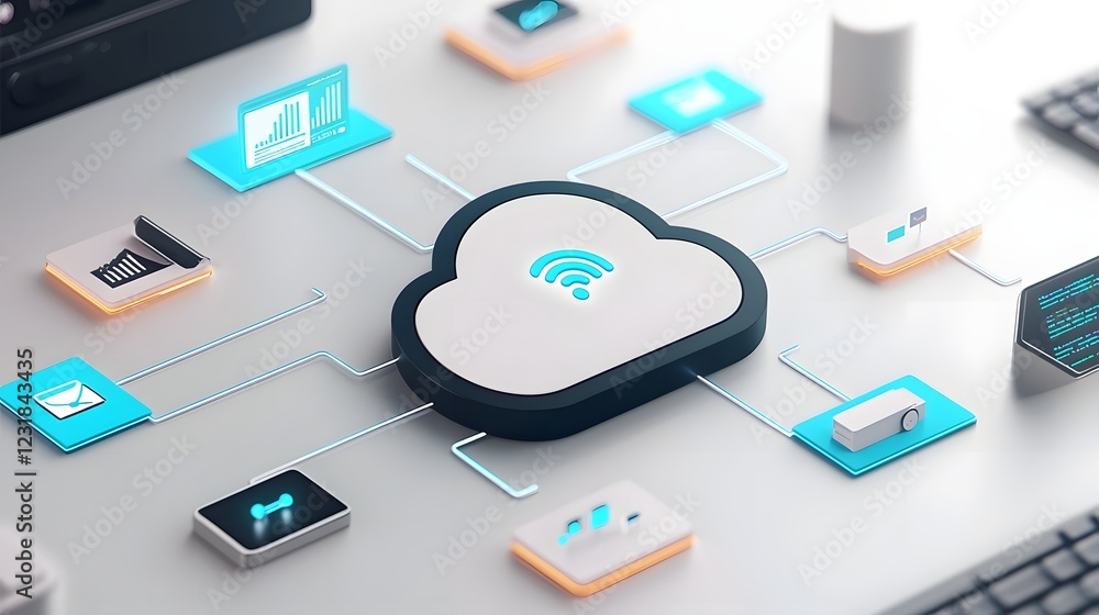 Poster Vibrant Cybernetic Cloud Hosting Ecosystem with Futuristic Neon Data Streams and Server Clusters Representing Secure and Scalable Cloud Computing and IT Connectivity on Solid Background