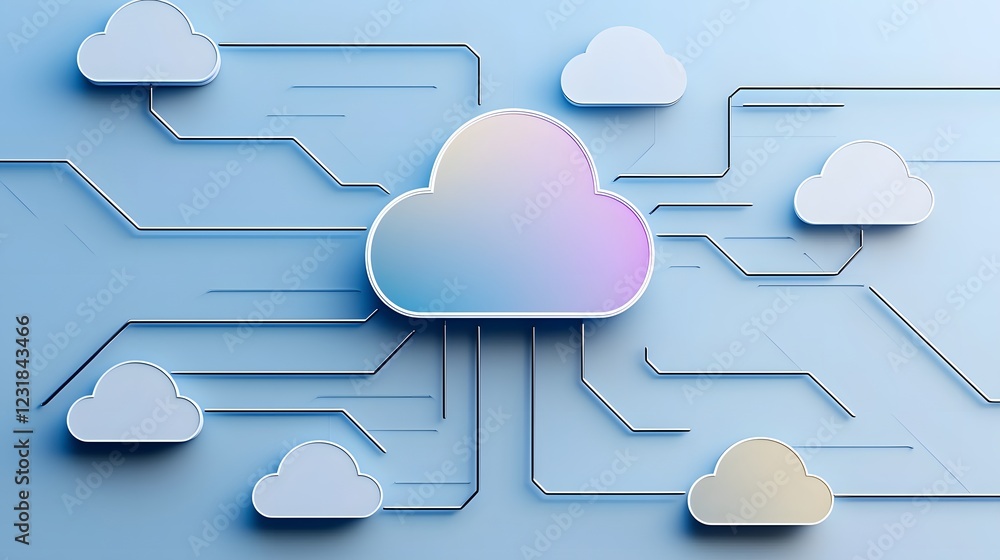 Poster Advanced AI Powered Cloud Hosting Ecosystem with Seamless Digital Two Tone Cloud Symbol and Neon Cyber Pathways Showcasing High Performance IT Infrastructure and Real Time Data Processing