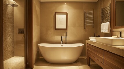 Fototapeta premium Elegant bathroom featuring rich earth tone interior design with modern fixtures and a serene atmosphere for relaxation