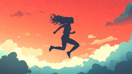 Naklejka premium Vibrant Sunset Runner: Illustration of Energetic Woman Silhouette Running in Evening Sky Flat Design