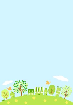 緑の住宅街 春の街並み 背景素材 青空
