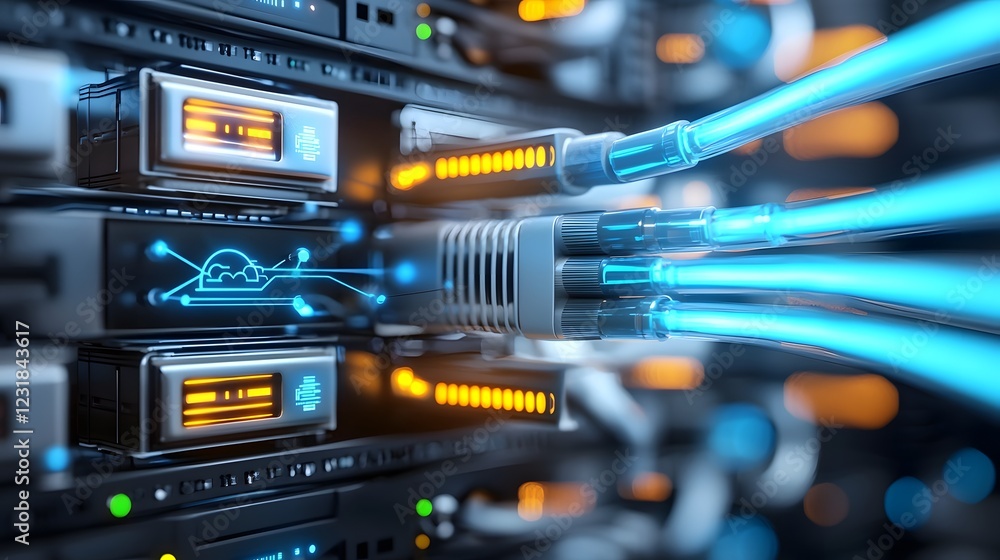 Poster Futuristic digital technology hub featuring interconnected AI powered data servers neon lit fiber optic networking cables and high performance computing nodes in a modern cyber environment