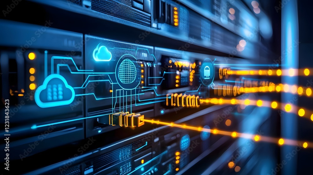 Poster Cutting Edge Cloud Networking Architecture and Futuristic IT Hub with Glowing Fiber Optic Data Highways