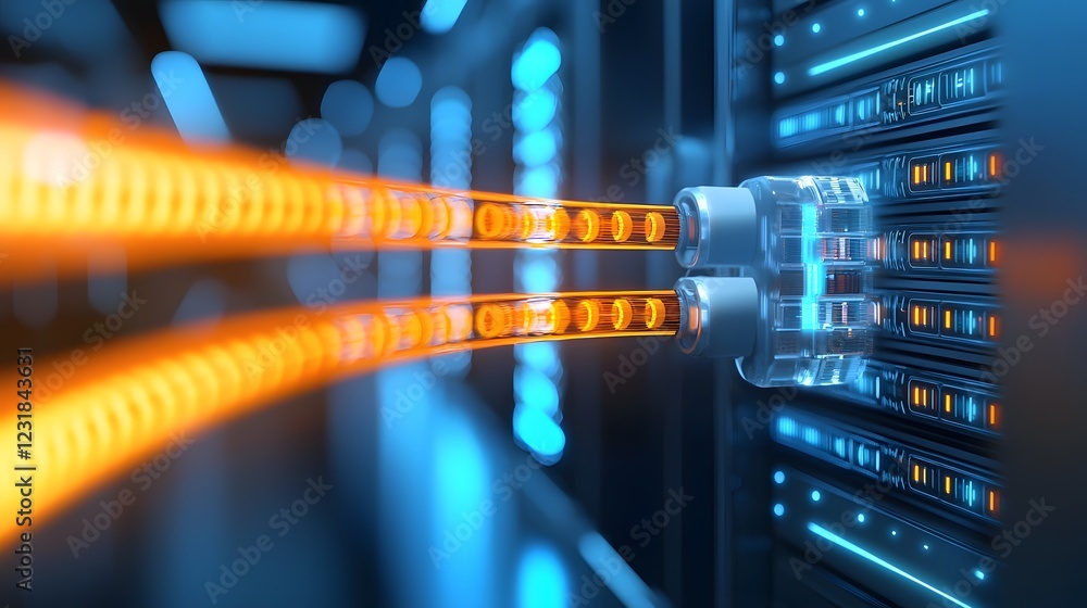 Poster Vibrant Cybernetic Data Center Showcasing Futuristic Digital Cloud Storage and High Speed Connectivity Systems with Glowing Network Cables and AI Enhanced Computing Power for Seamless IT