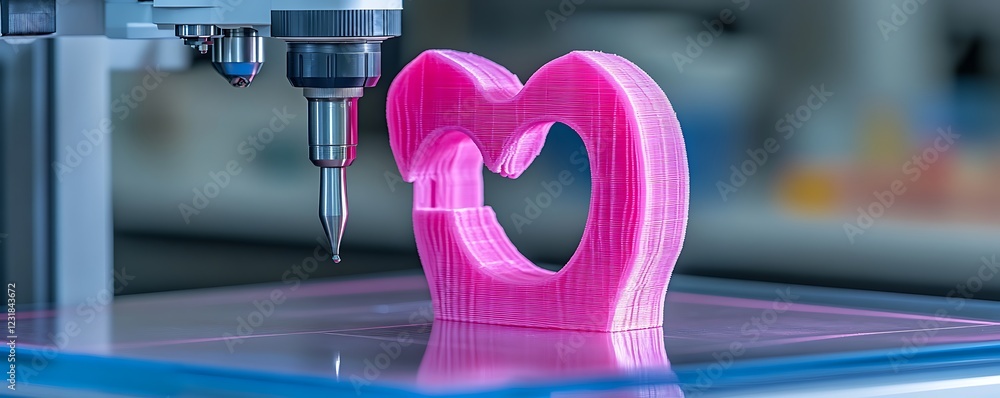 Poster pink heart-shaped object being 3d printed by a cnc machine.