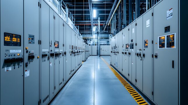 A large room with many electrical panels on the wall. The room is very clean and organized. The panels are all the same color and are arranged in rows. The room has a very industrial feel to it