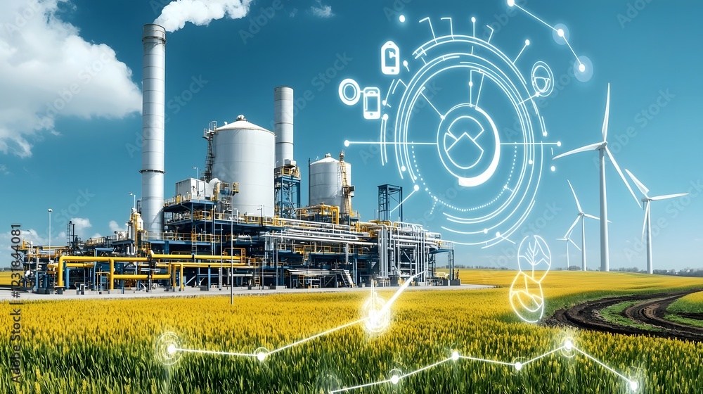 Poster advanced biofuel refinery featuring high tech energy processing infrastructure and wind turbines in 