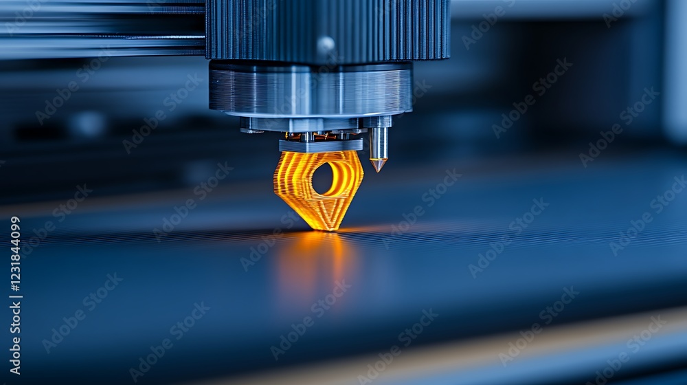 Poster 3d printer nozzle extruding orange filament, creating layered object