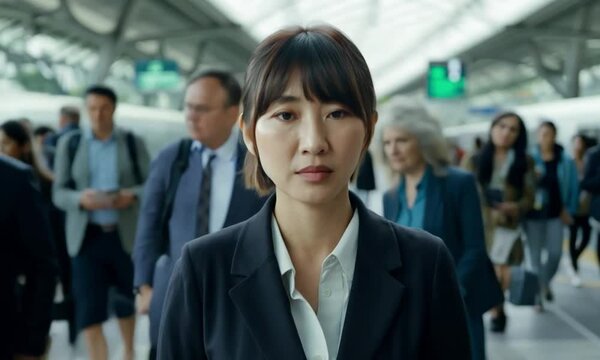 Depression overwhelms a woman in a busy station. Depression from work pressure affects her emotions. Depression and stress lead to exhaustion and burnout.
