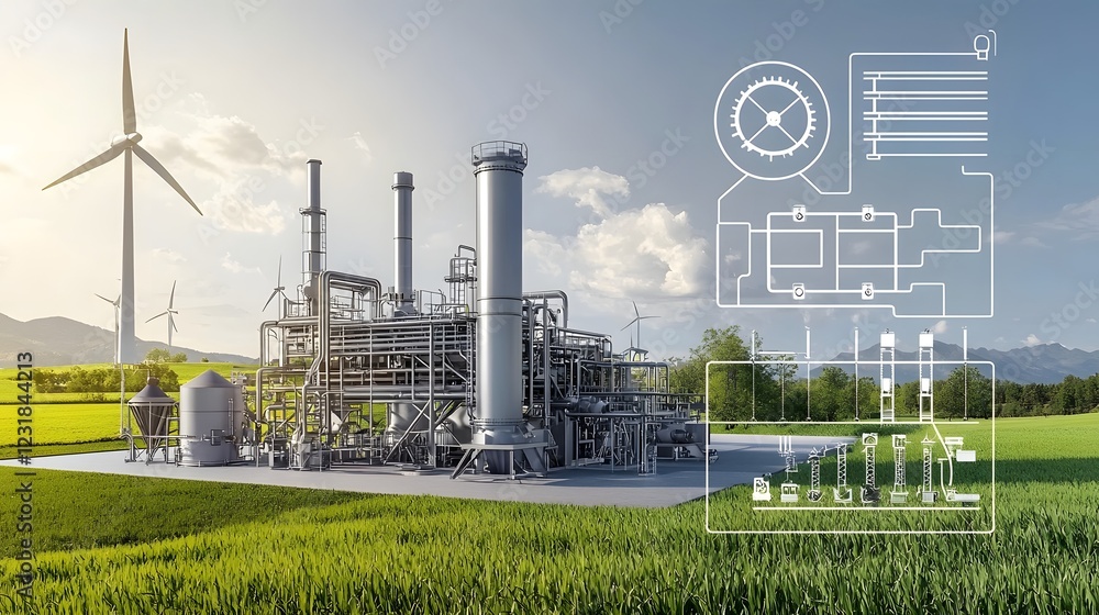 Aufkleber advanced biofuel refinery featuring high tech energy processing infrastructure and wind turbines in 