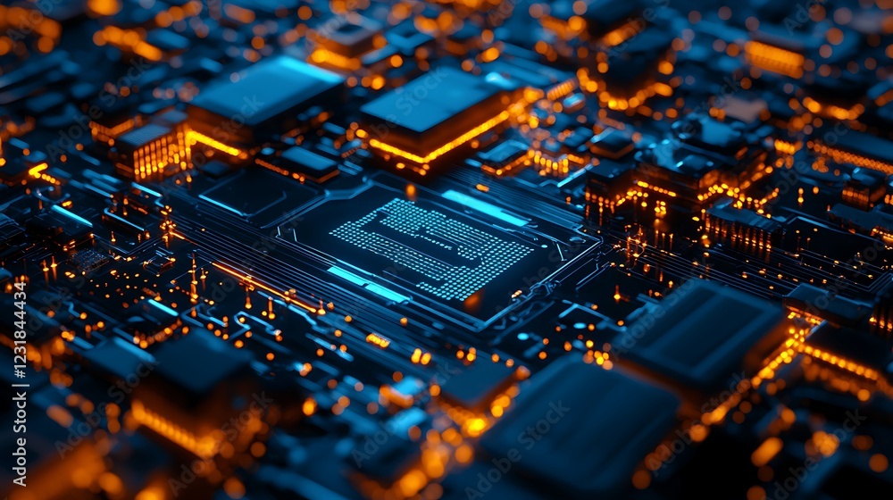 Poster abstract close-up of a futuristic circuit board with glowing components