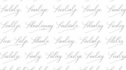 Naklejka premium A seamless pattern of elegant calligraphy script in a delicate cursive font, written in shades of grey on a white background, creating a sophisticated, understated aesthetic with a bal.