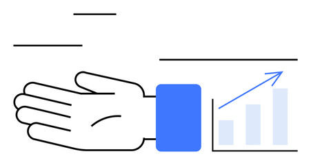 Fototapeta premium Hand extending beside rising bar chart with upward arrow, representing growth, progress, success, partnership, and collaboration. Ideal for business, finance, teamwork economic growth analytics
