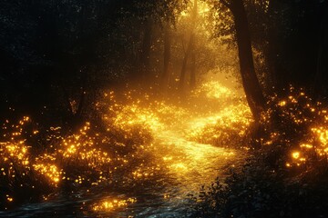 A river of liquid gold flowing through a dark, enchanted forest with glowing flora.