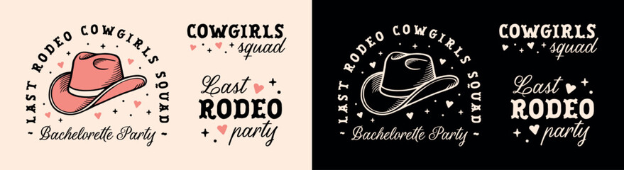 Bachelorette party cowgirls squad country western pink black aesthetic theme her last rodeo quotes pack bundle set. Printable cowboy hat retro vintage preppy bridesmaid girls sticker shirt design.