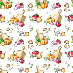 Watercolor Seamless pattern with vegetables, tomatoes, garlic, onions and plank.Vegetarian food recipes seamless pattern with vegetables and kitchenware. Colorful top view cooking items background.