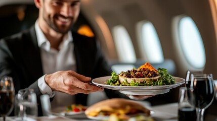 Aerial View of Attentive Crew Member Serving Meals Private Jet Photography In-Flight Aerial Perspective
