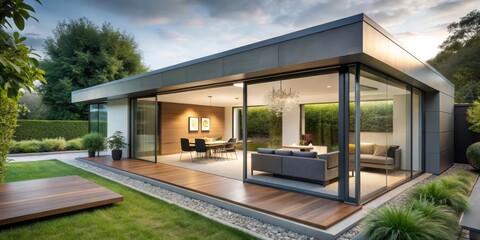Modern house with sleek sliding doors opening to lush garden, sleek doors, modern design