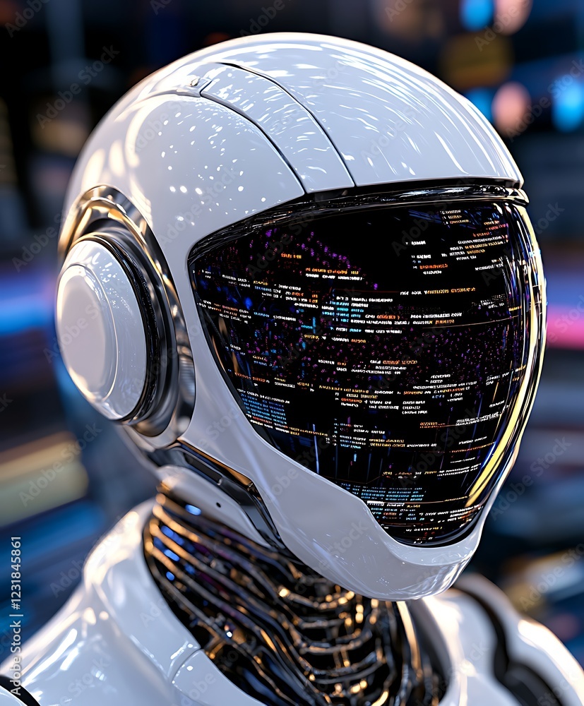 Poster futuristic robot head with illuminated data stream display on visor