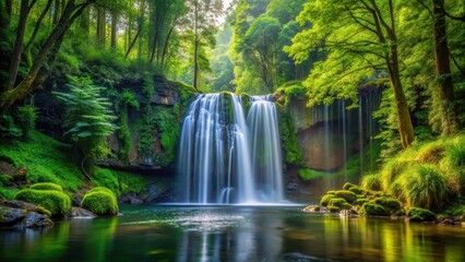 Obraz premium waterfall in forest with tall trees and greenery