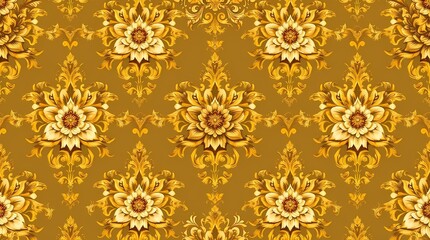 Fototapeta premium A seamless pattern of intricately detailed baroque-style floral motifs in deep gold and ivory, rendered in a photorealistic style with a high level of detail and a luxurious feel.
