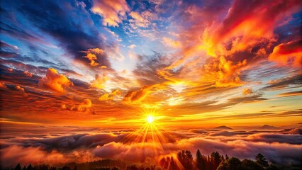 Fototapeta premium Artistic sunrise double exposure: celestial burst, sun rays paint golden hour skies over a breathtaking landscape.