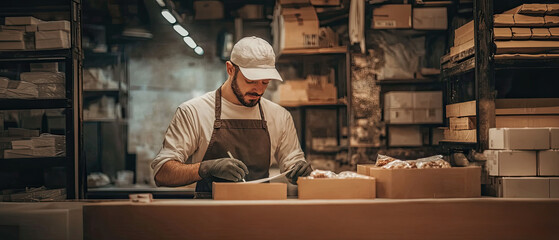 Bakery worker preparing boxes of freshly baked goods in a cozy shop