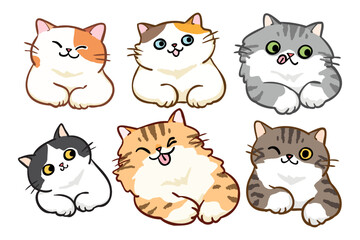 Vector Illustration of Cute Cartoon Cat Characters on Isolated Background. Hand Drawn Vector Illustration. 