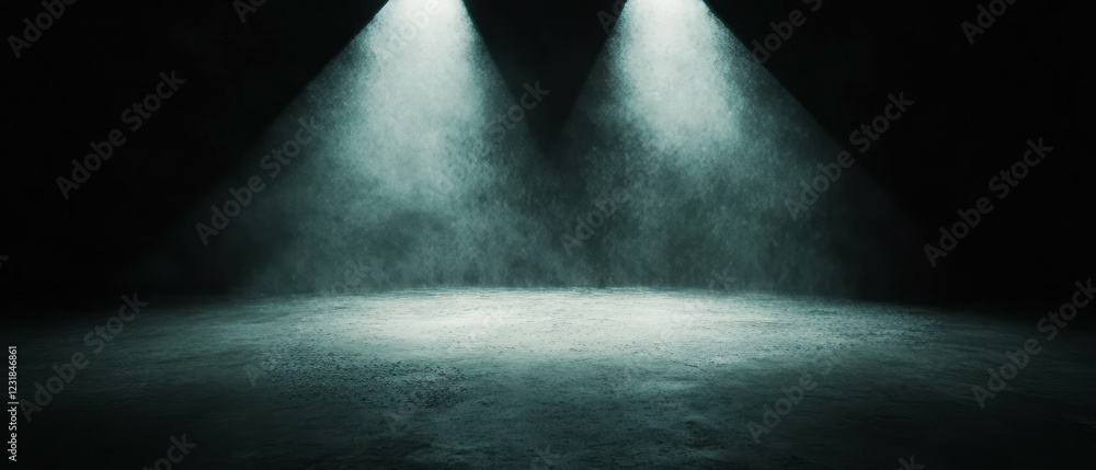 Poster dusty surface illuminated by focused light creating a contrast against a dark backdrop