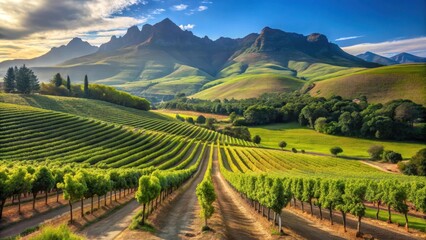 Fototapeta premium Rolling hills of vineyards with rows of grapevines and lush greenery in Stellenbosch, South Africa