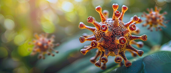 Detailed visual representation of a virus cell in a natural setting with light effects highlighting its structure