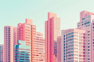 Fototapeta premium Pink buildings in a cityscape. The buildings are pink and have many windows. The sky is blue and the buildings are tall