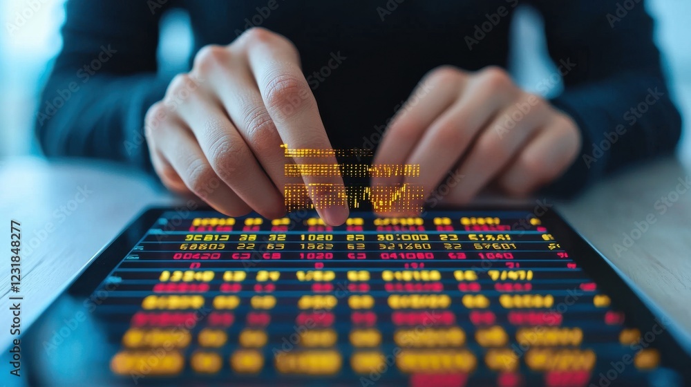 Poster hand holographic bar stock business tablet concept. business professional s hand manipulating futuri