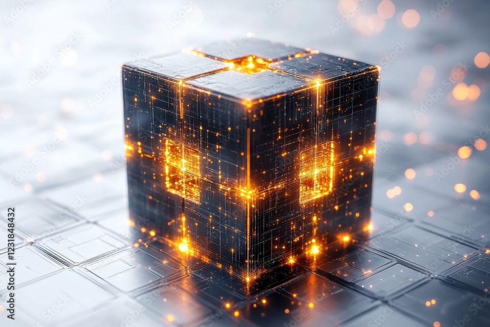 Poster A futuristic glowing cube that represents innovation and digital advancement, surrounded by a sparkling aura, symbolizing modern technology.