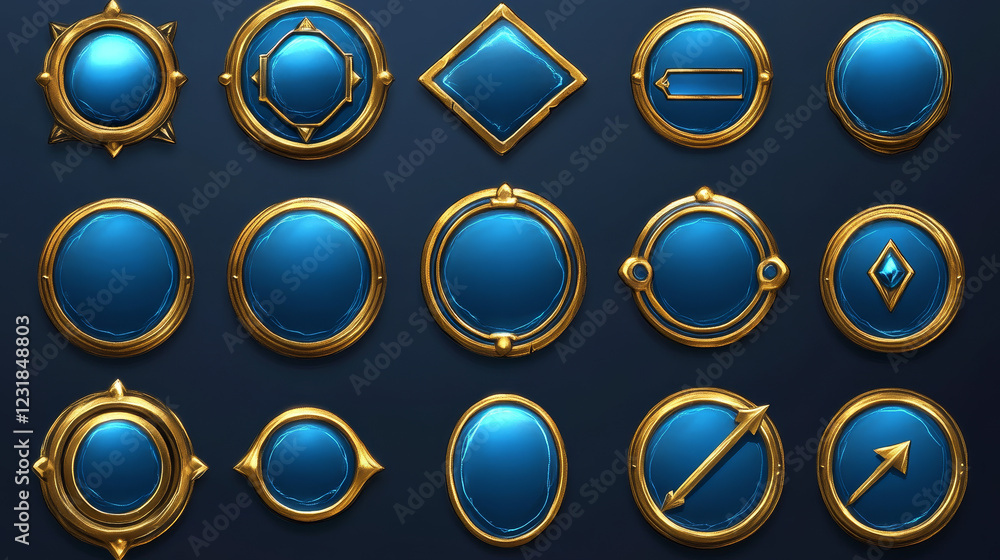 Poster blue ui vector button animation for game interface cartoon set. hover banner gold frame design isola
