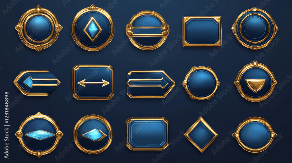 Poster blue ui vector button animation for game interface cartoon set. hover banner gold frame design isola