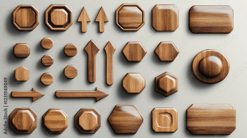 Poster realistic set of wooden game buttons sprite sheet isolated on background. vector illustration of woo