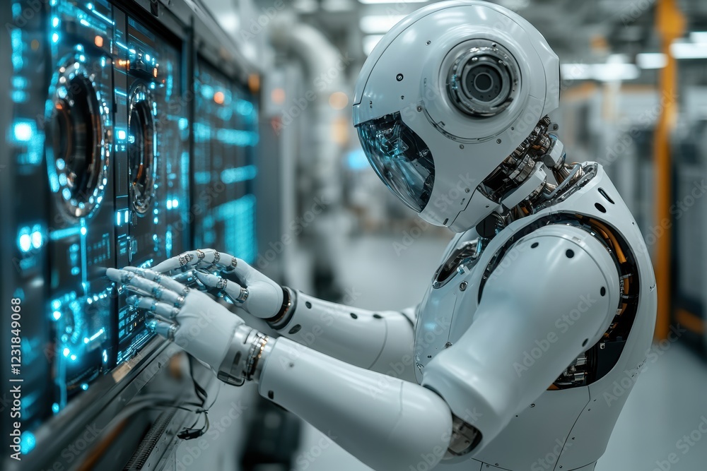 Poster a futuristic humanoid robot interacts with a high-tech interface in an advanced laboratory, showcasi