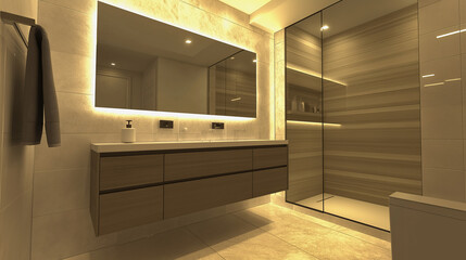 Hyper-realistic modern floating vanity bathroom with sleek wall-mounted cabinet and minimalist design