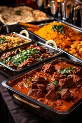 Obraz premium Ethnic Cuisine: A buffet showcasing traditional Indian dishes like biryani, naan, and curries.