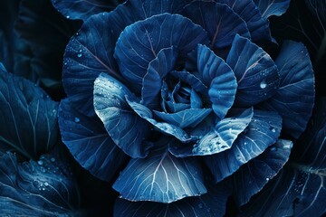 Fototapeta premium Close up of blue decorative cabbage leaves with water droplets, creating a vibrant and textured natural background