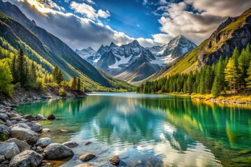Breathtaking Kucherla Lake panorama, Altai's Belukha National Park, Siberia.