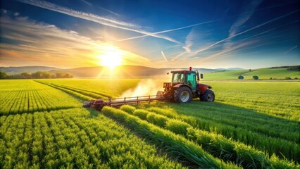 Agricultural machinery in use spraying biochemicals on crops in a lush green field with a clear blue sky and sun shining brightly overhead, tractor, herbicides