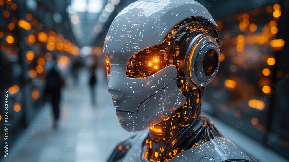Poster a futuristic humanoid robot with illuminated features, showcasing advanced design and technology in 