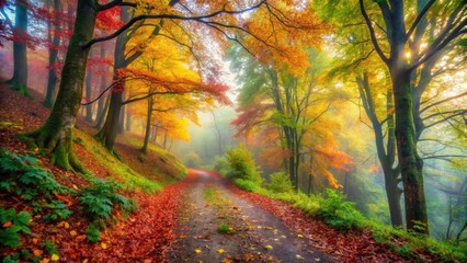 Foggy dawn on a hillside with vibrant foliage and winding path, forest scene