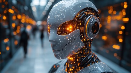 Fototapeta premium A futuristic humanoid robot with illuminated features, showcasing advanced design and technology in a modern urban environment.