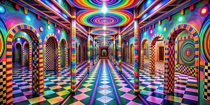 A psychedelic funhouse with distorted mirrors, featuring vibrant colors and playful patterns, including a maze of twisted corridors and surreal reflections , psychedelic, amusement