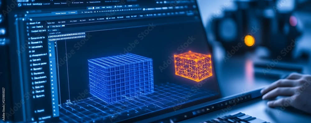 Poster 3d modeling software displaying wireframe cubes in blue and orange
