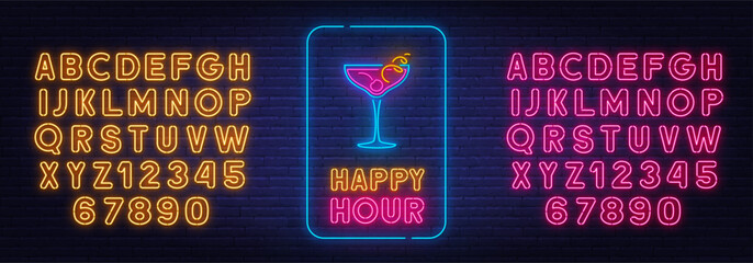 Happy Hour with cocktail neon sign on brick wall background